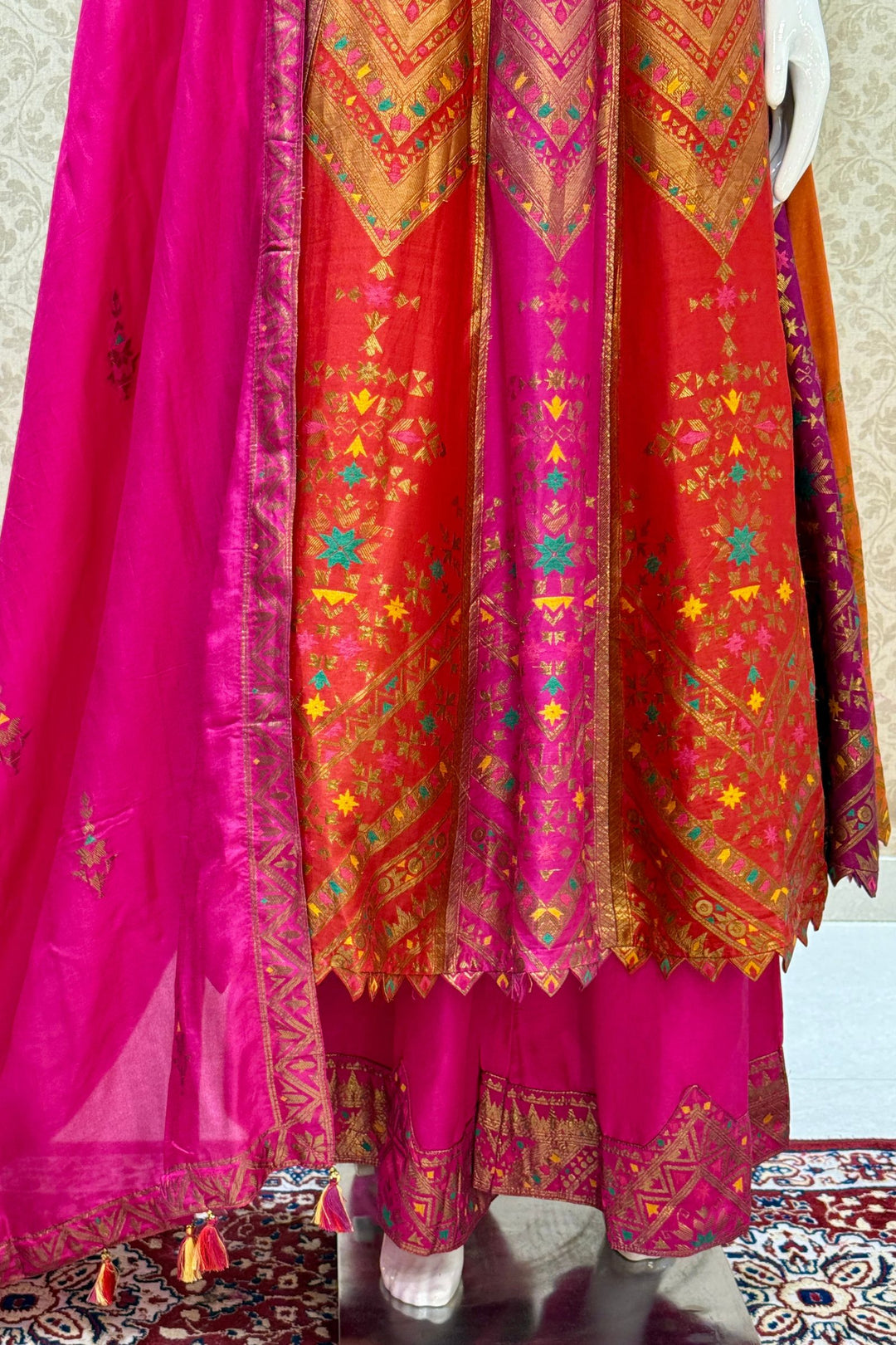 Multicolor Banaras, Zardozi and Beads work Anarkali Style Salwar Suit with Palazzo Pant