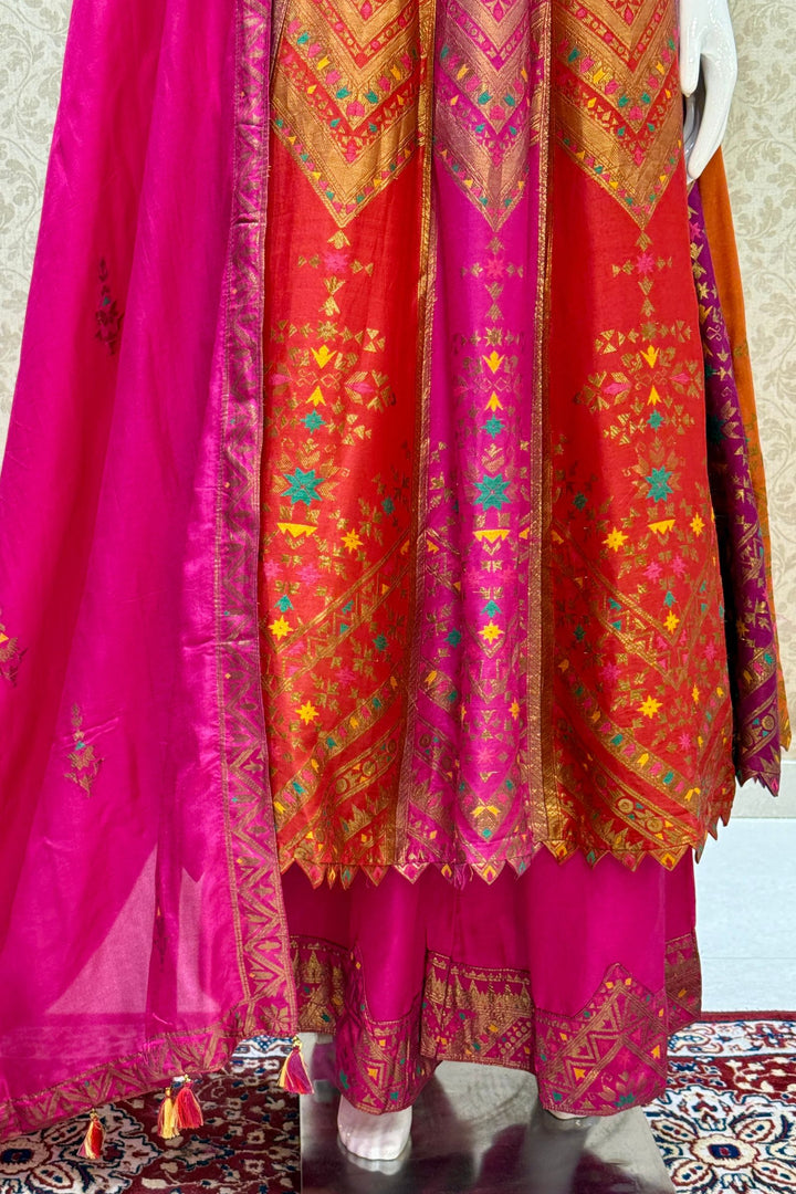 Multicolor Banaras, Zardozi and Beads work Anarkali Style Salwar Suit with Palazzo Pant
