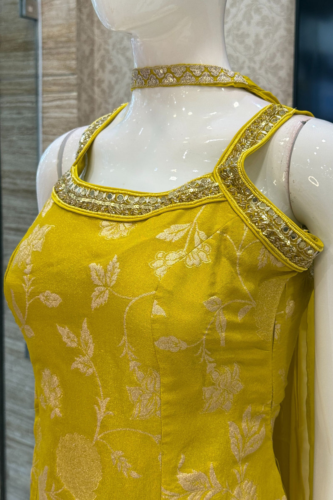 Lemon Yellow Banaras Zari, Mirror, Zardozi, Sequins, Stone and Beads work Palazzo Salwar Suit