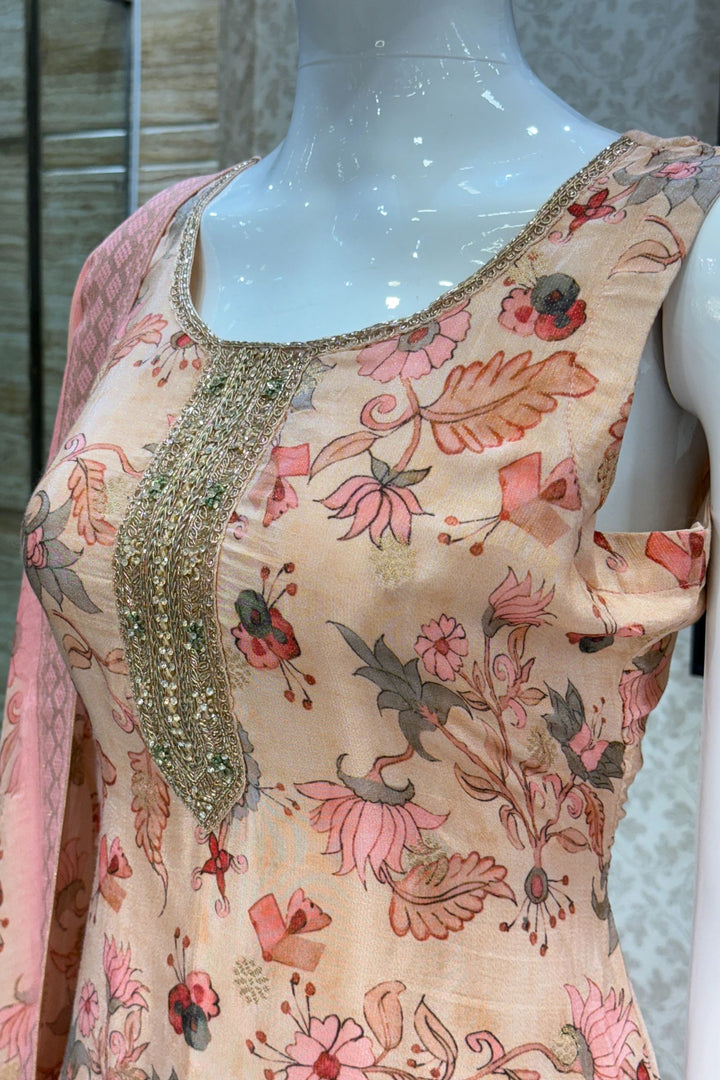 Peach Stone, Zadozi, Beads, Mirror and Zari Weaving work Straight Cut Salwar Suit