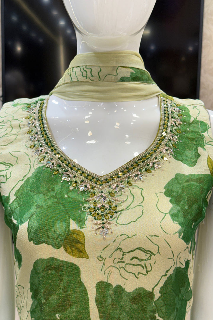 Beige with Green Floral Print with Zardozi and Mirror work Straight Cut Salwar Suit