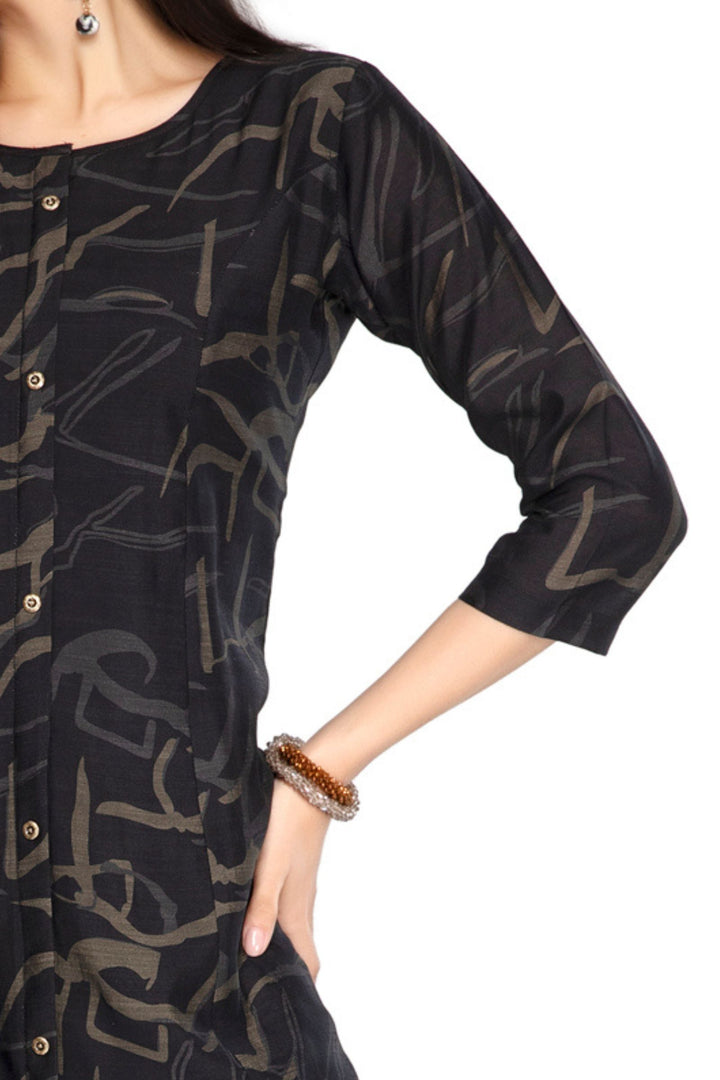 Black with Digital Print A-line Cut Calf Length Kurti