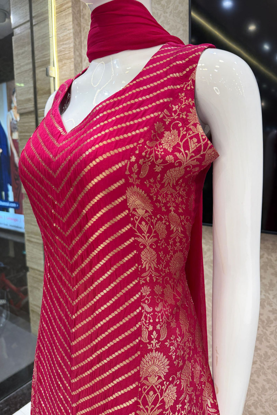 Rani Pink Banaras work Straight Cut Salwar Suit