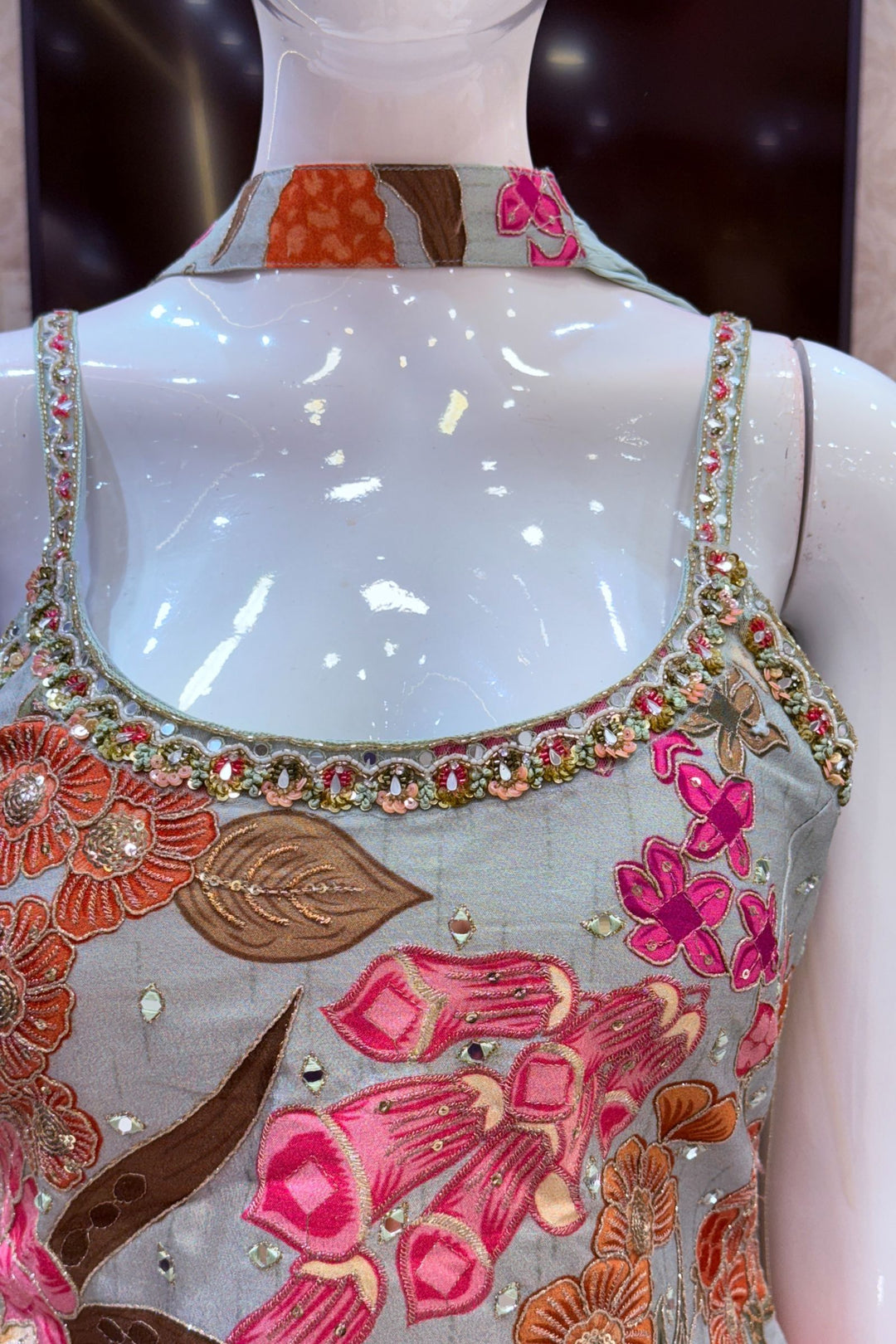 Aqua Blue Mirror, Sequins, Zari and Beads work with Floral Print Palazzo Salwar Suit