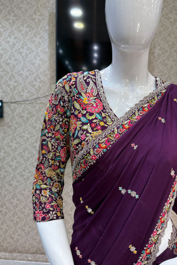 Purple Embroidery, Sequins and Zari work Saree