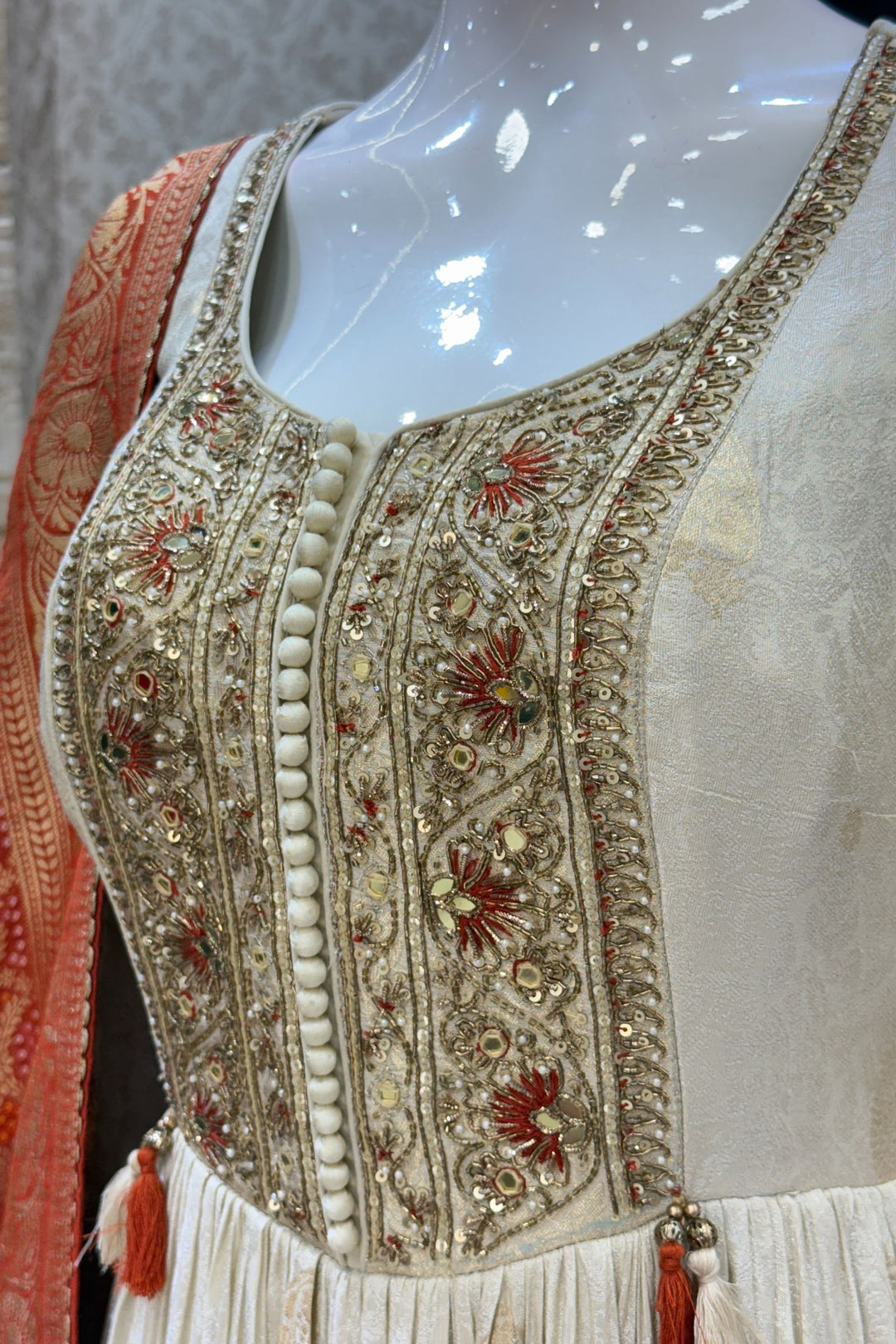 Beige Beads, Zardozi, Sequins, Mirror and Banaras work Floor Length Anarkali Suit