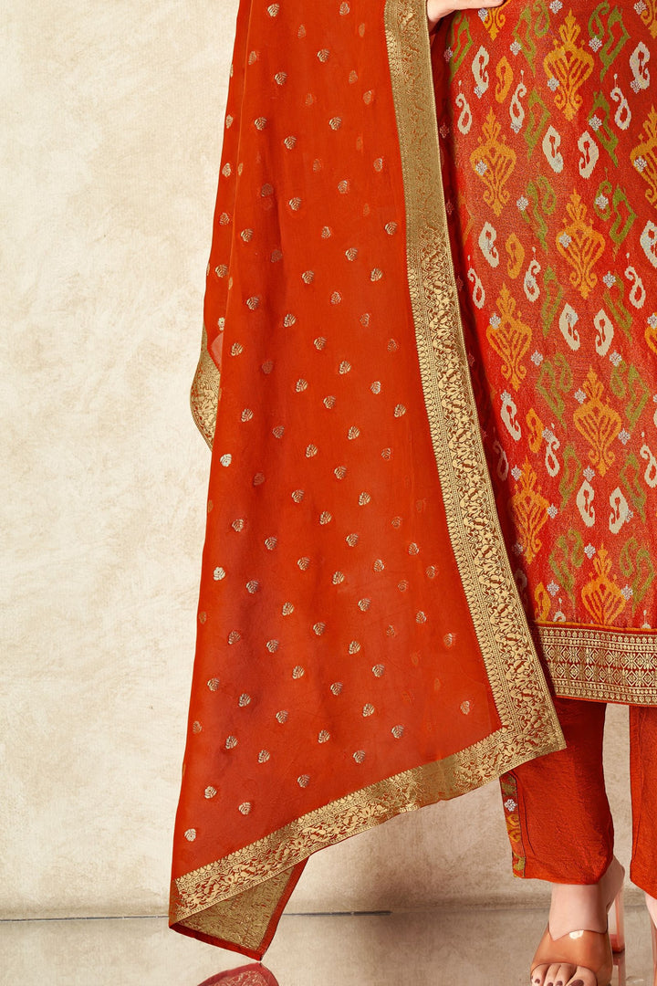 Orange Zardozi, Beads and Banaras Butta work with Ikat Print Straight Cut Salwar Suit