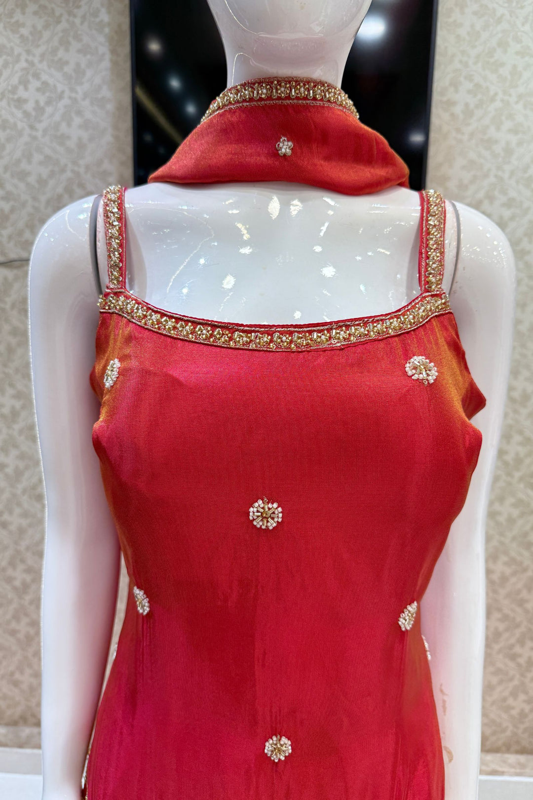Tomato Red Beads, Sequins and Zari work Palazzo Salwar Suit