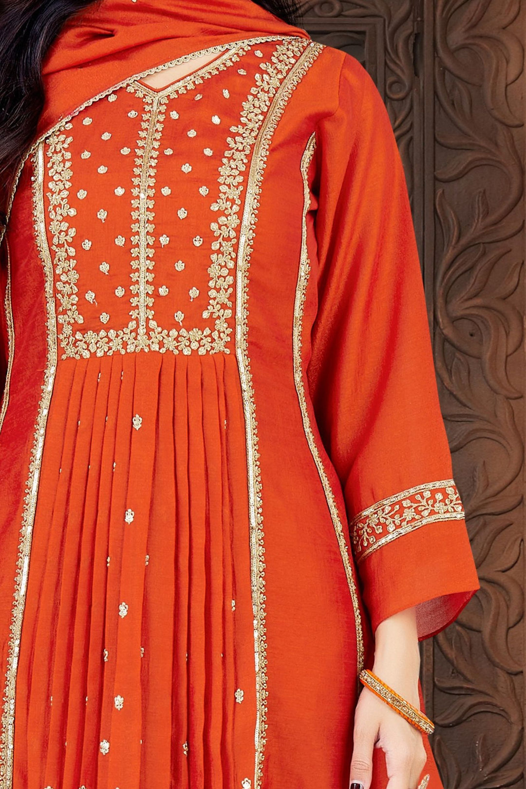Orange Sequins, Zari and Beads work A-line Cut Salwar Suit