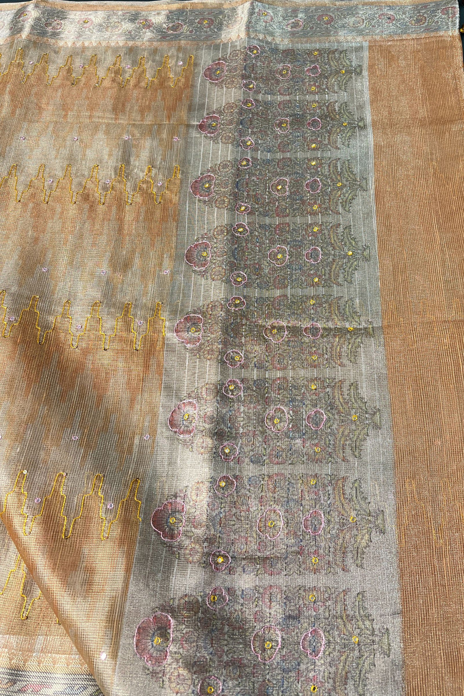 Golden Tissue Saree with Floral Print and Thread work