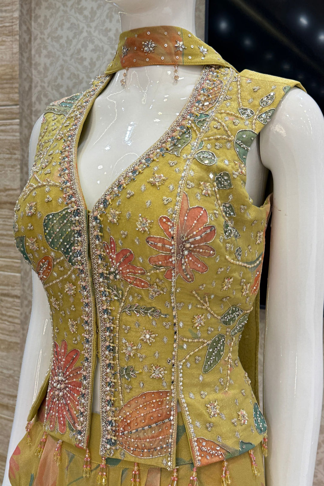 Lemon Green Indo-Western Styled Halter Neck Top and Cowl Skirt