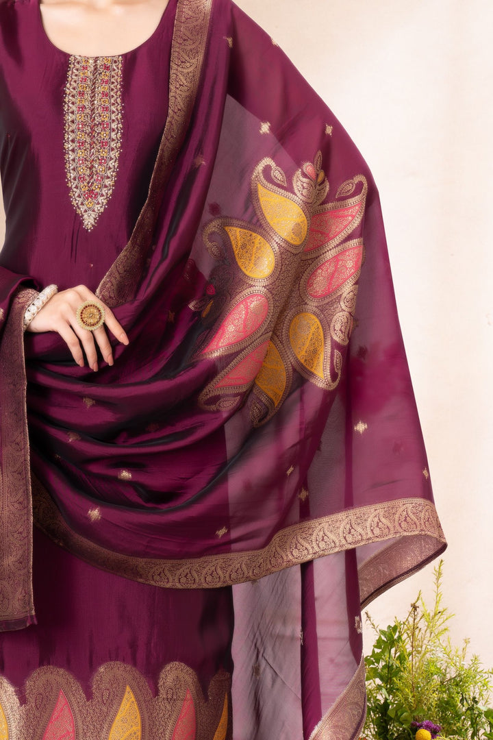 Wine Zardozi, Stone, Thread, Sequins and Banaras work Straight Cut Salwar Suit