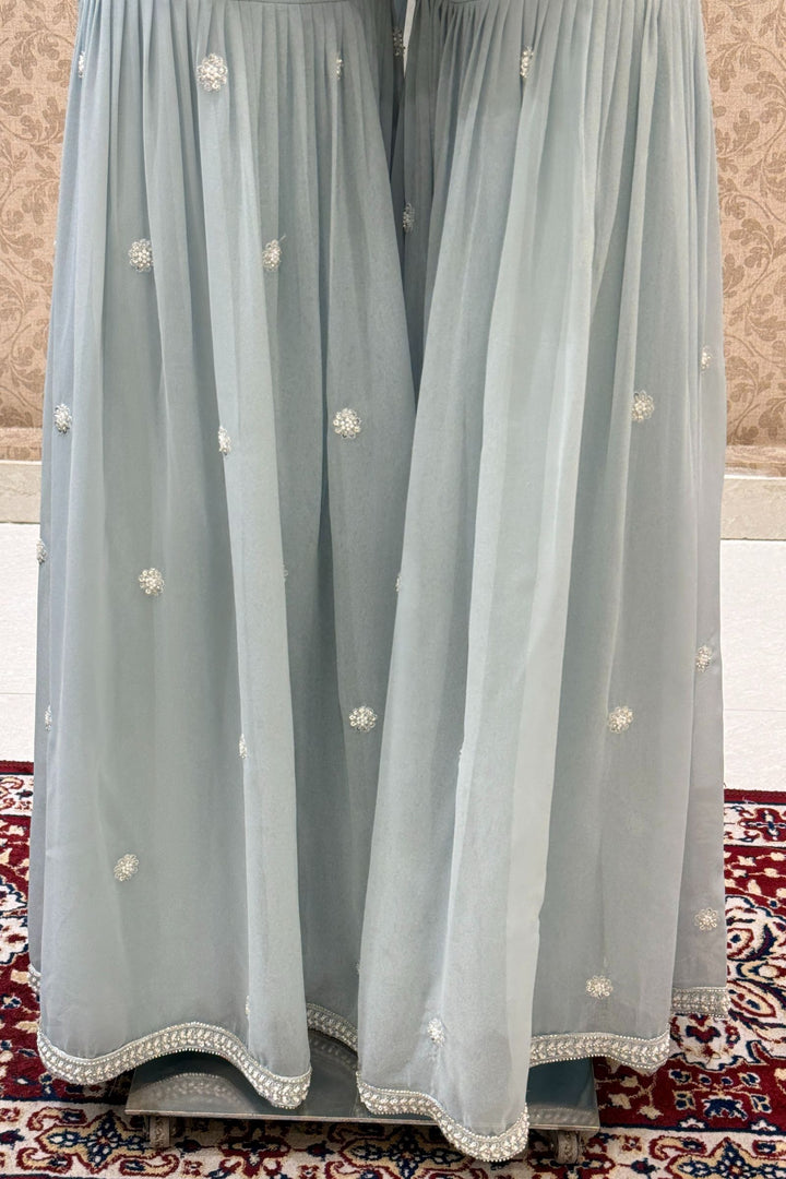 Sky Blue Beads, Sequins and Thread work Peplum Top with Sharara Suit Set