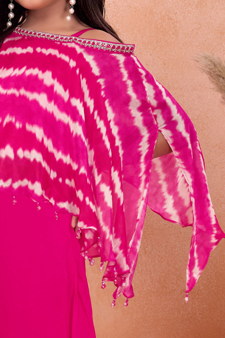 Pink Stone, Mirror and Zardozi work Poncho Styled Palazzo Set for Girls