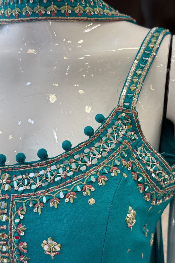 Mirror, Sequins, Zardozi and Thread Detail on Rama Blue Festive Kurta with Palazzo Set