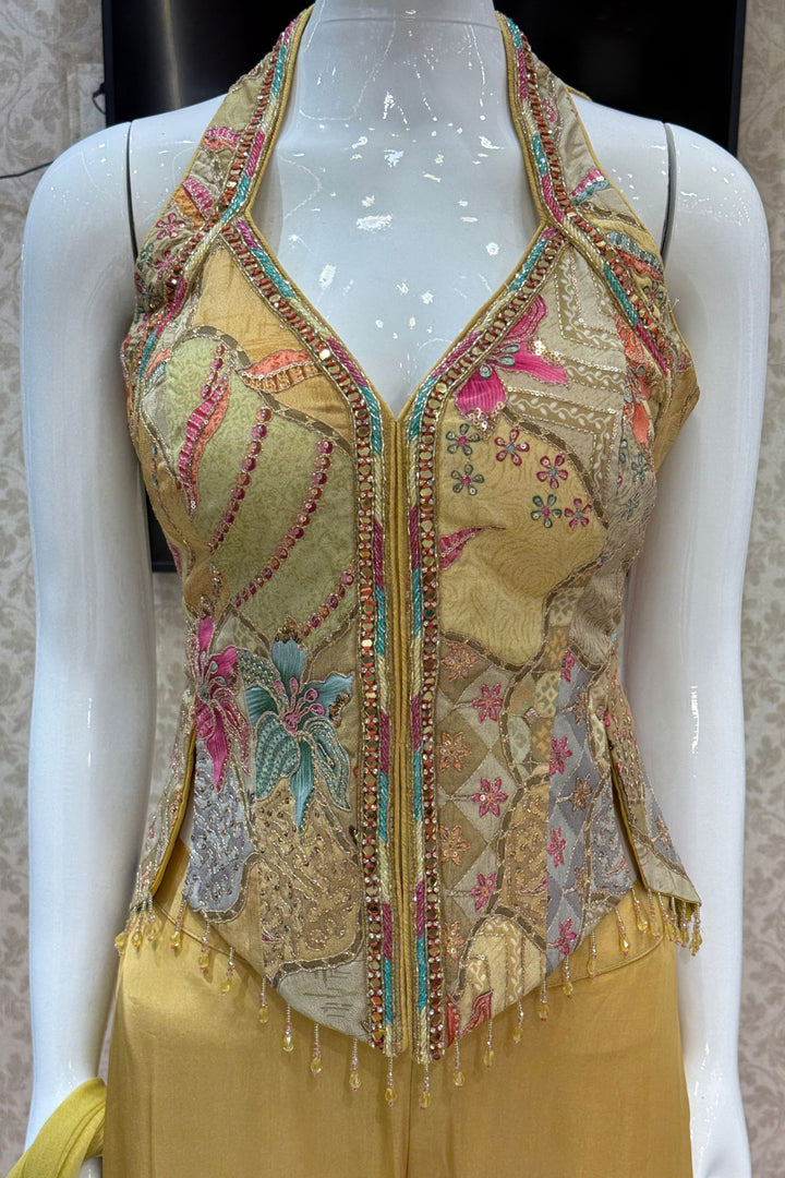 Yellow Halter Neck Palazzo Salwar Suit with Sequins, Mirror, Zari, Stone and Beads Detailing