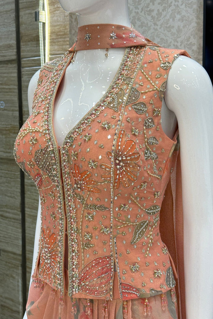 Peach Indo-Western Styled Halter Neck Top and Cowl Skirt
