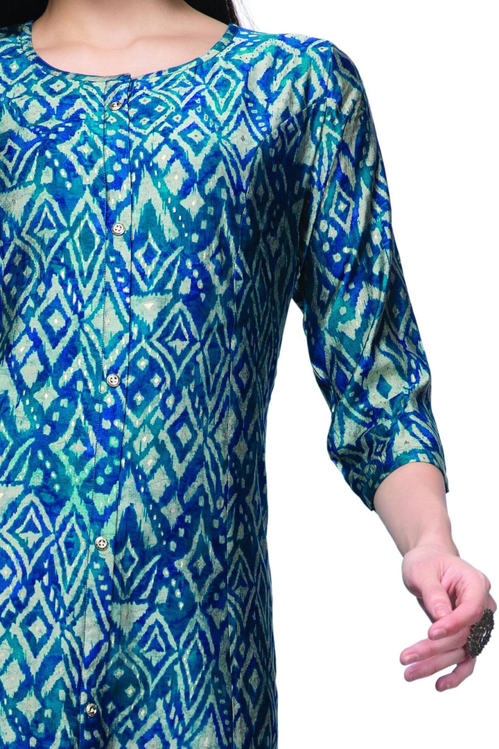 Peacock Blue Digital Print Aline Cut Calf Length Kurti