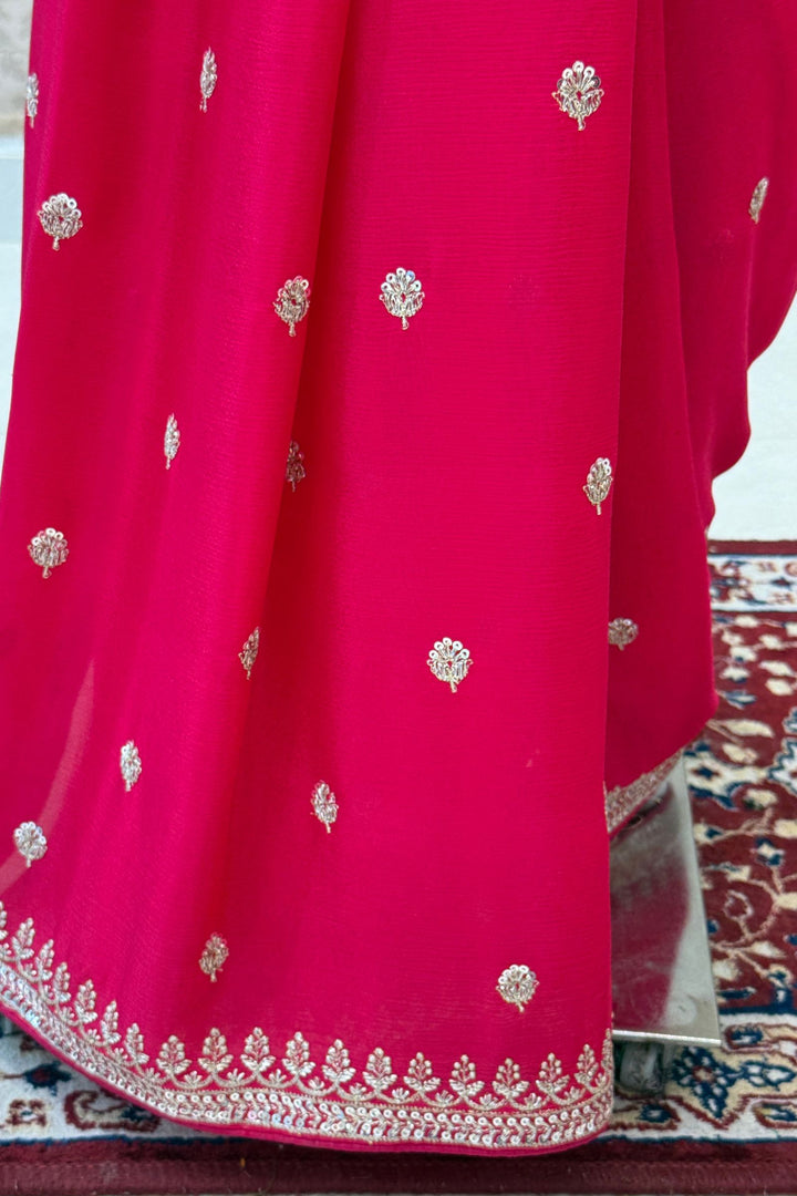 Rani Pink Zari and Sequins work Saree