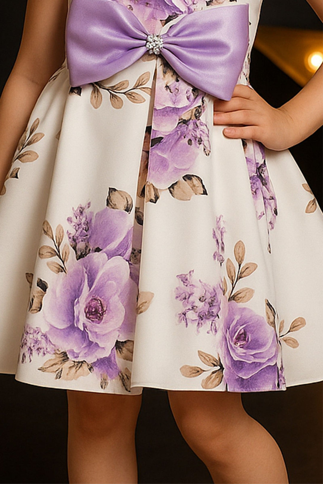 Half White Stone work with Floral Print Short Partywear Frock for Girls