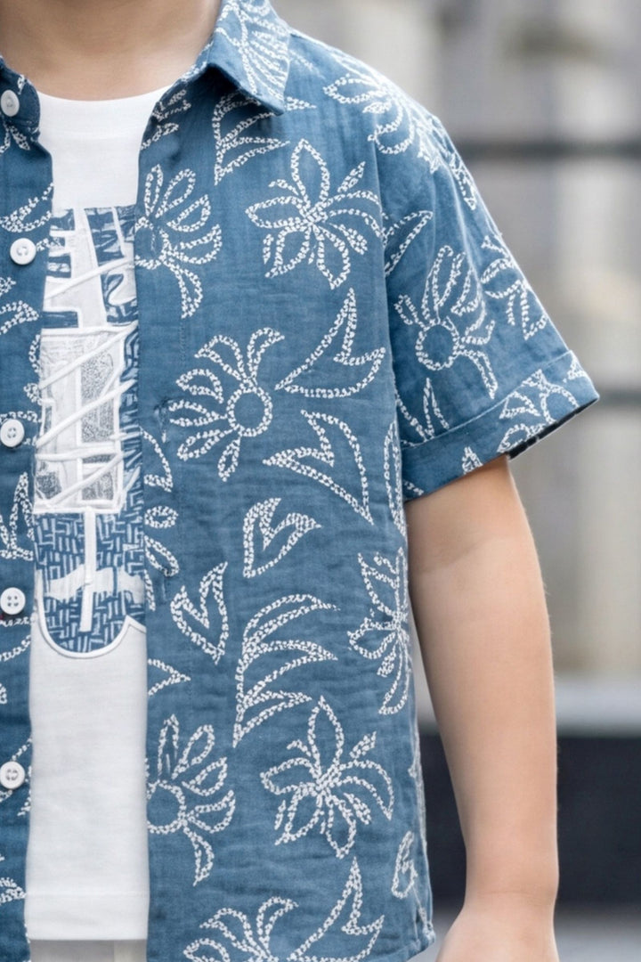 Blue with White Printed Boys Co-Ord Set