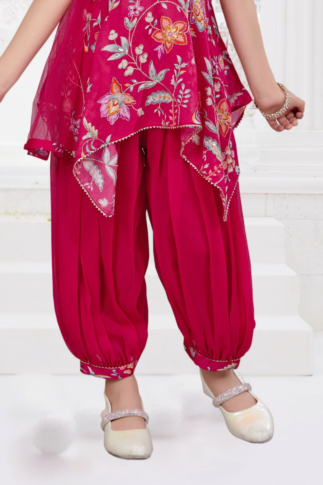 Rani Pink Zari, Stone, Sequins and Mirror work with Floral Print Joggers Set for Girls