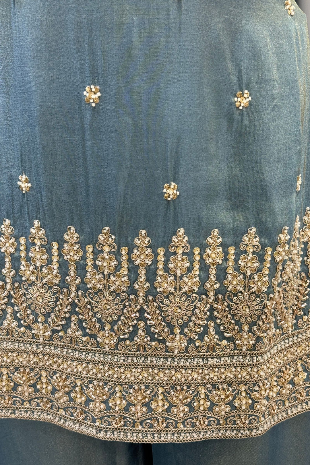Sea Blue Beads, Zari and Sequins work Top with Flared Palazzo Set