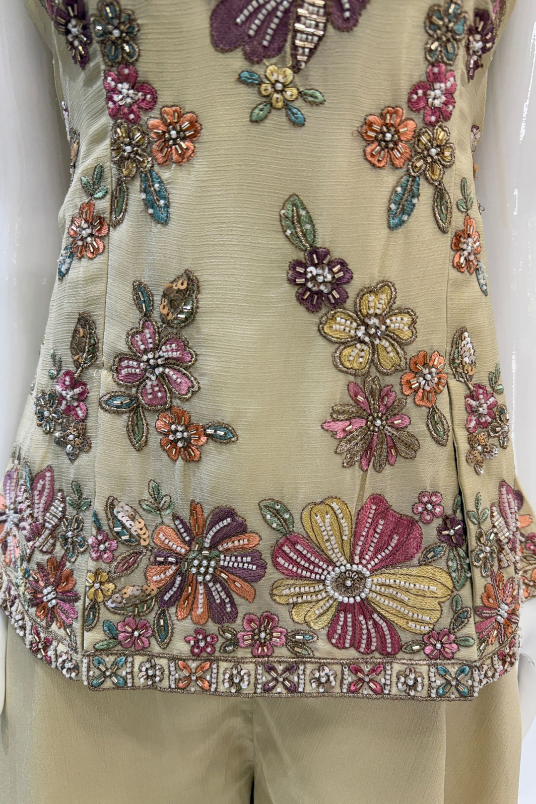 Cream Palazzo Set Featuring All-Over Multicolor Embroidery, Beads, Sequins and Zari