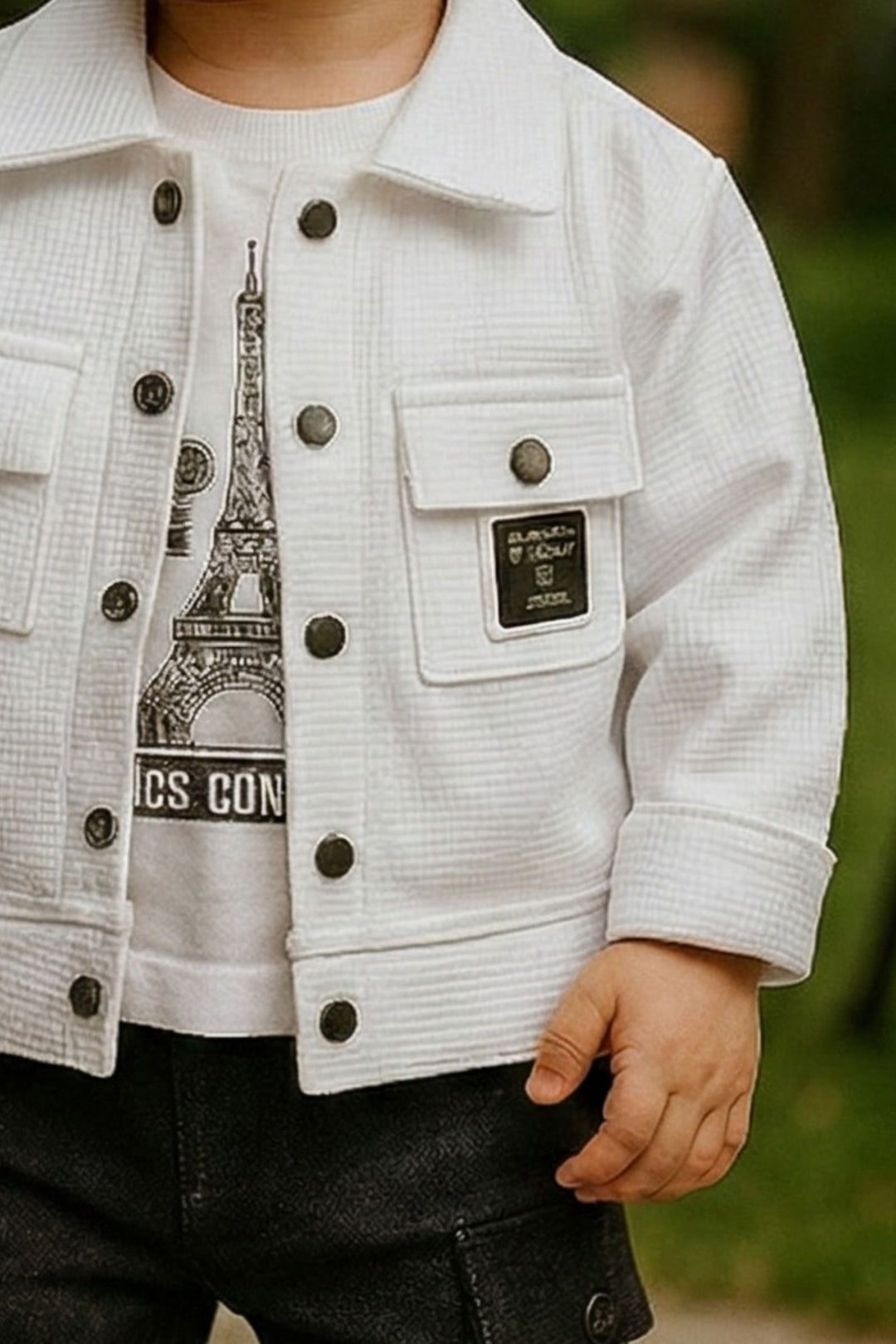 White Printed T-Shirt, Blazer and Black Pant Set for Boys