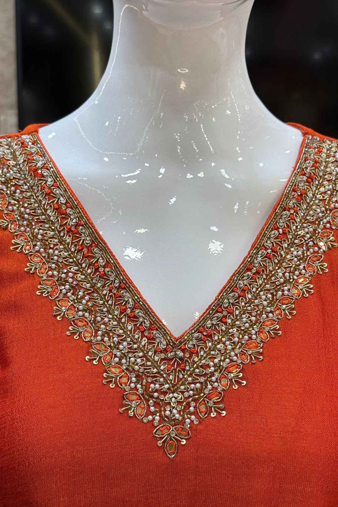 Orange Beads, Pearl, Zardozi, Stone, Zari and Sequins work Aline Cut Salwar Suit
