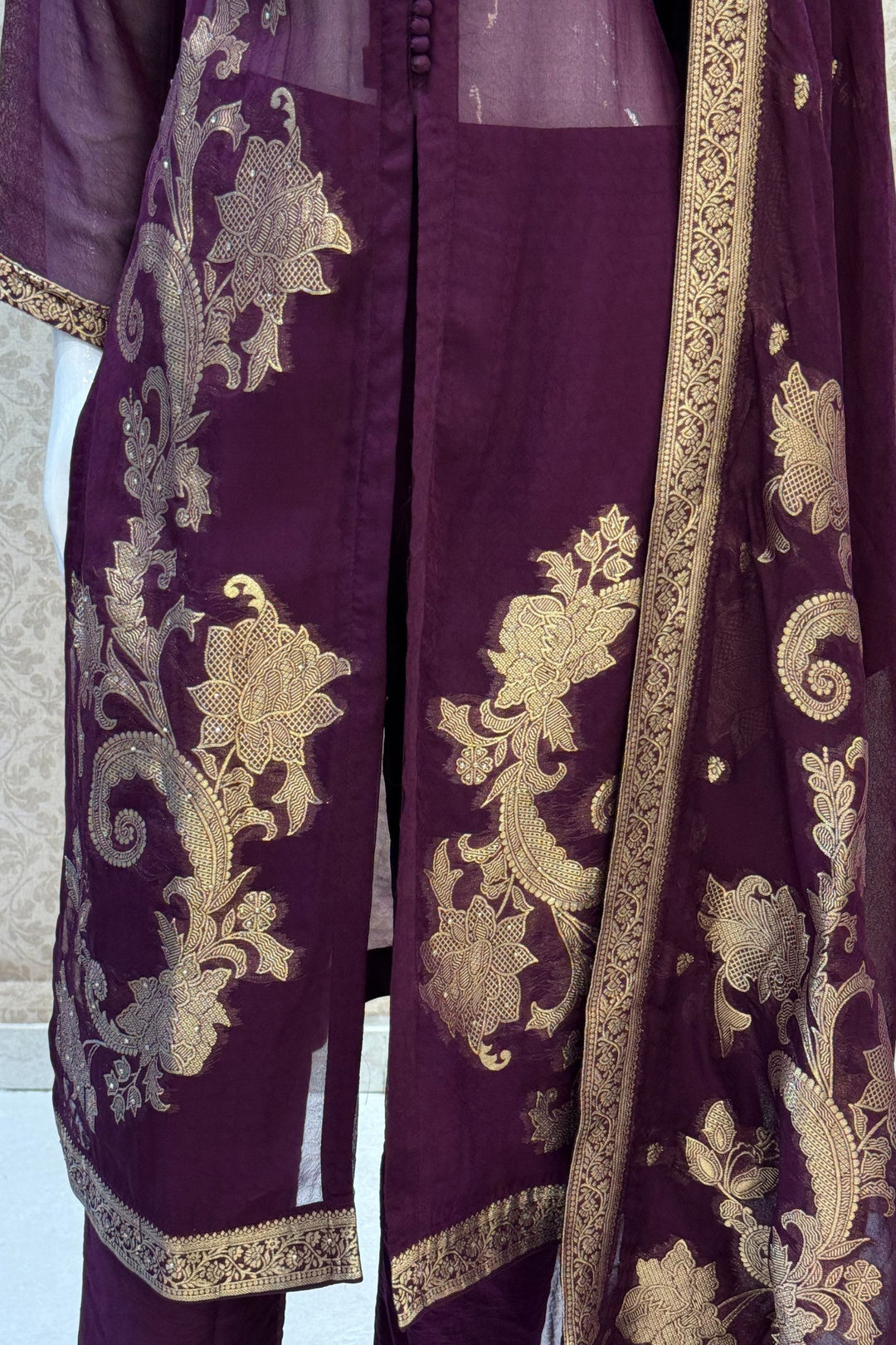 Purple Banaras, Stone, Zardozi, SEquins, Beads and Zari work Straight Cut Salwar Suit