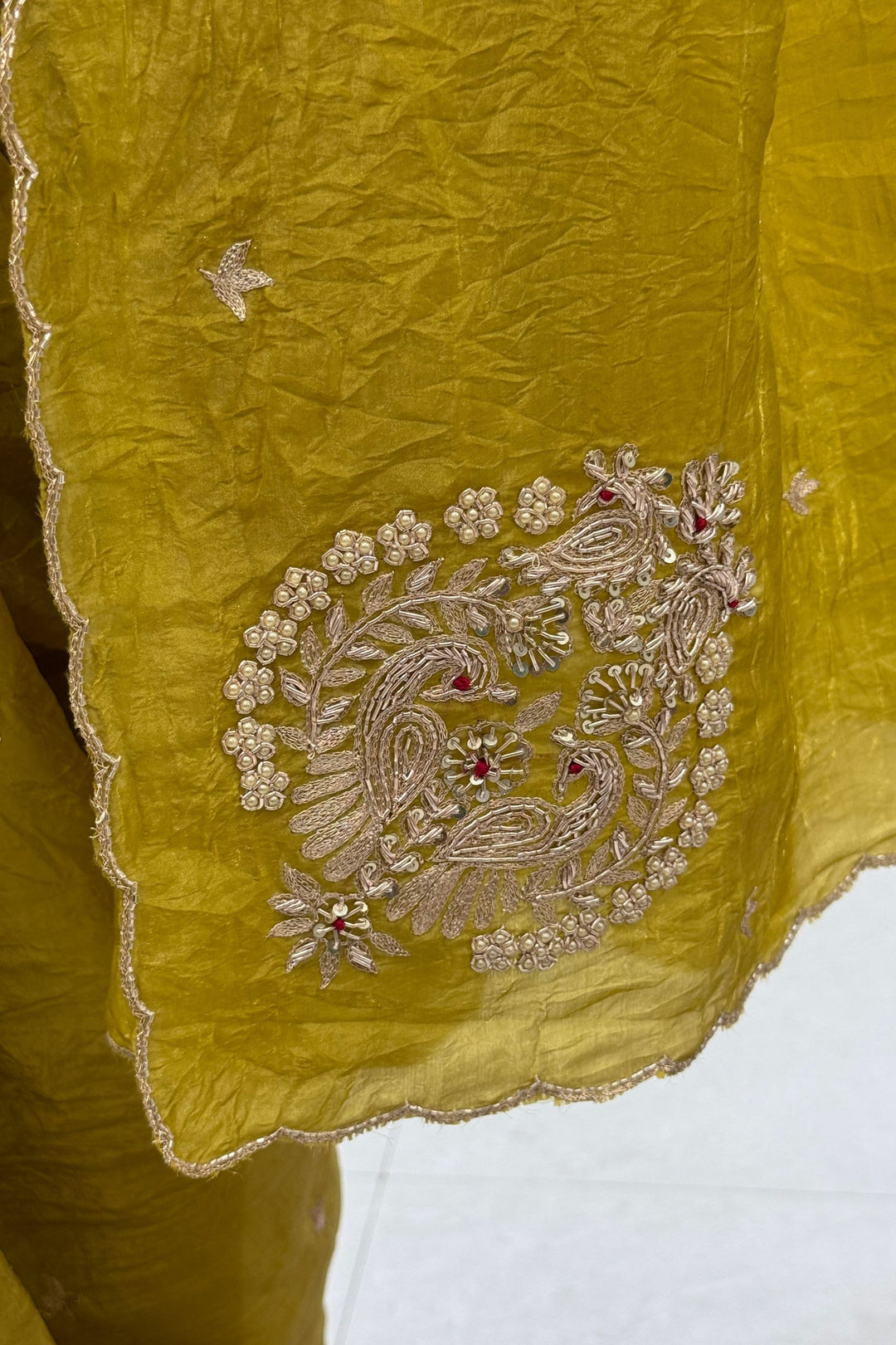 Liril Green Shimmer Tissue Saree with Scalloped Zari Border