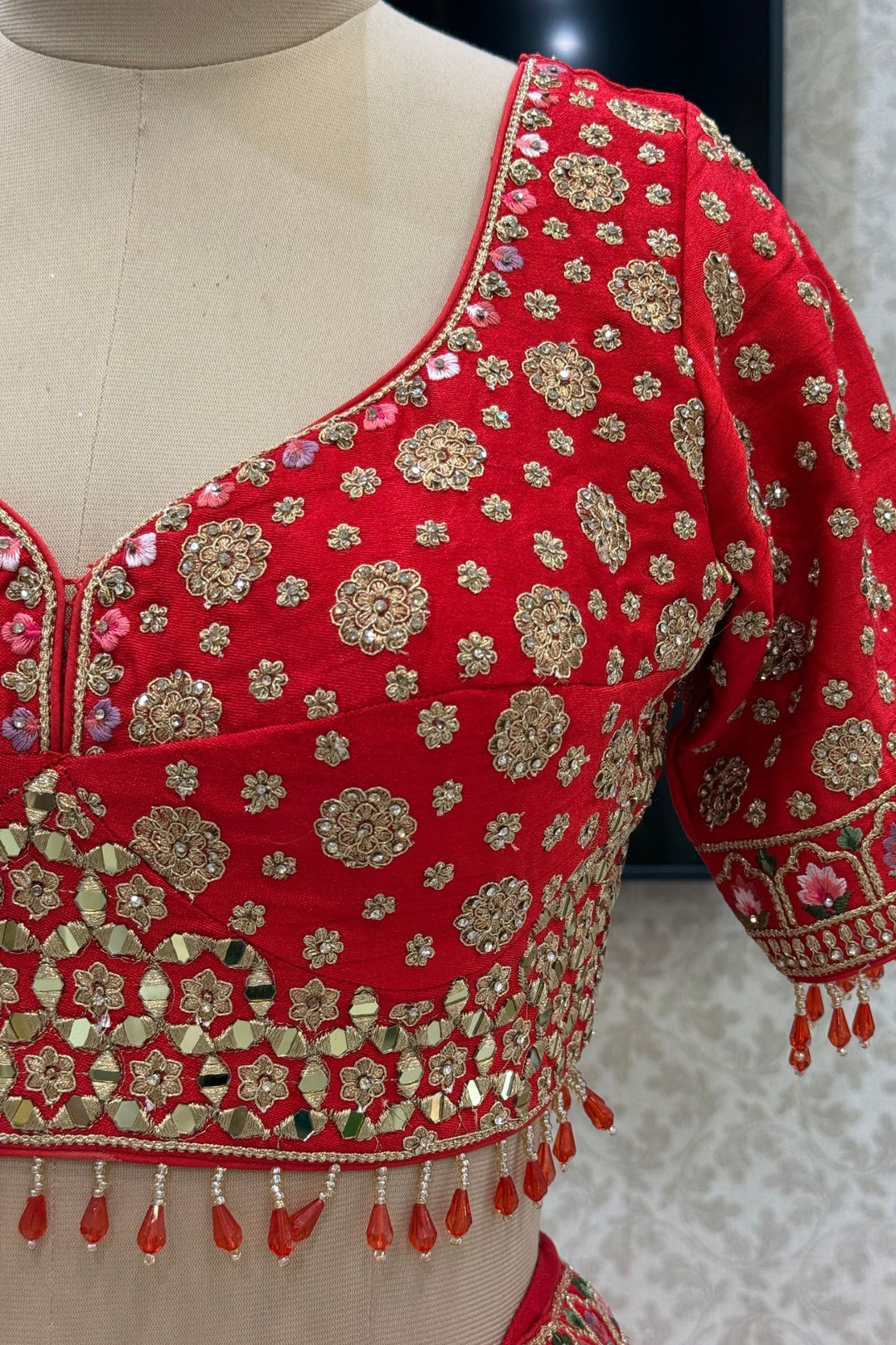 Designer Bridal Red Lehenga with Rich Multicolor Embroidery, Stone and Mirror Work