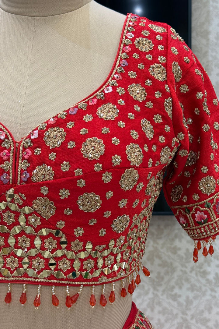 Designer Bridal Red Lehenga with Rich Multicolor Embroidery, Stone and Mirror Work
