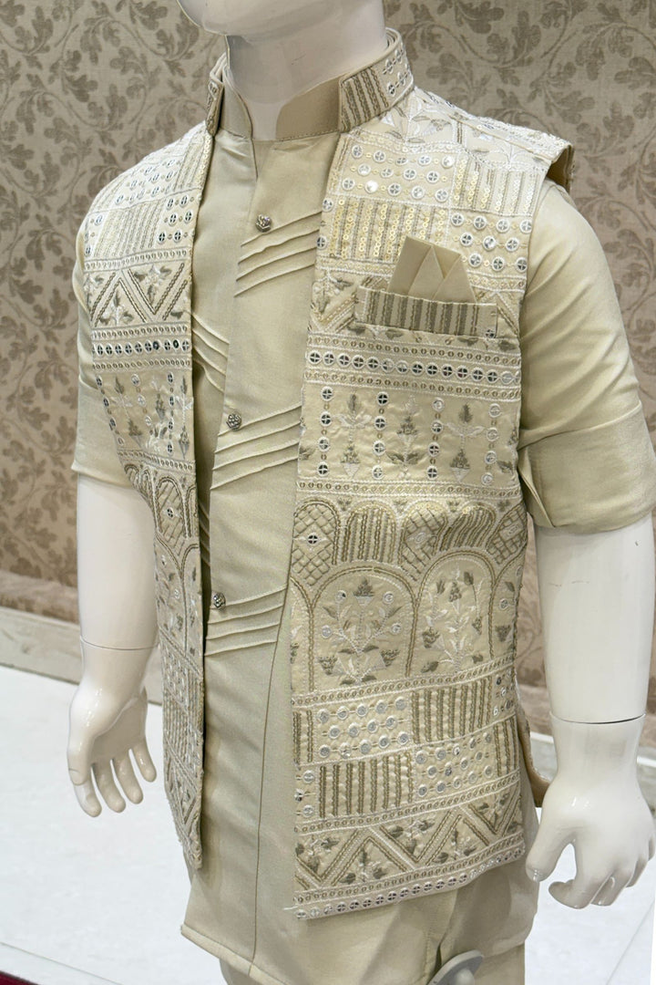 Beige Thread and Sequins work Waist Coat Kurta Set for Boys