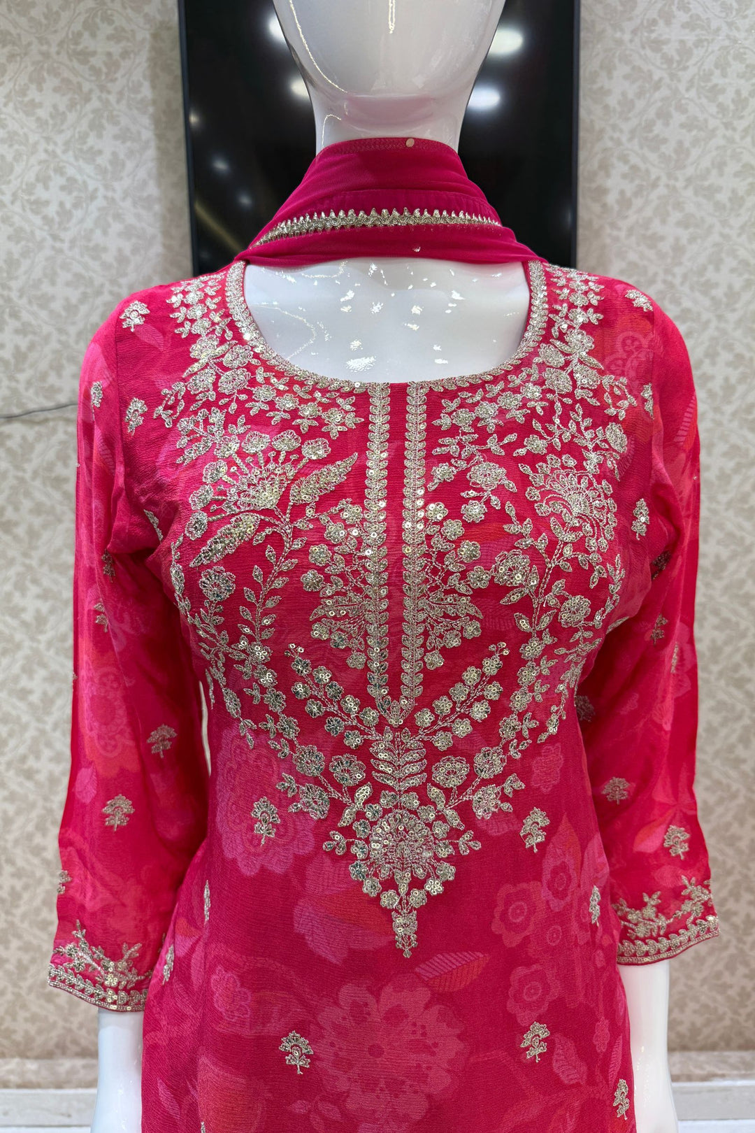 Rani Pink Sequins and Zari work with Digital Print Palazzo Salwar Suit