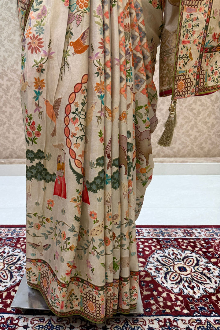 Cream Saree with Traditional Kalamkari Prints with Banaras work