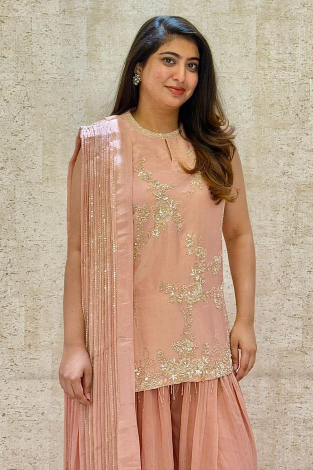 Peach Beads, Zardozi, Thread and Sequins work Top with Flared Palazzo Set