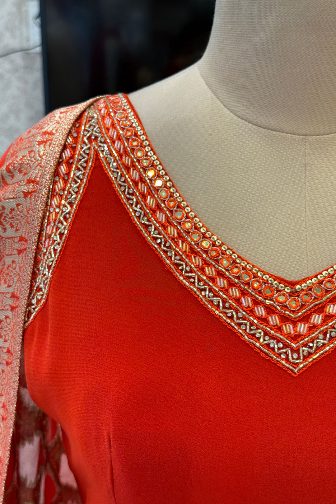 Orange Beads and Sequins work Anarkali Gown with Traditional Banaras work Dupatta