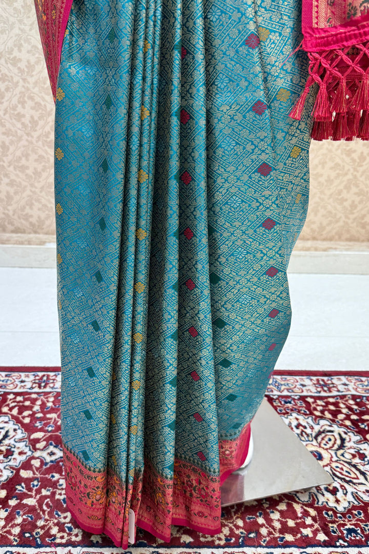 Rama Blue with Rani Pink Banaras work Saree