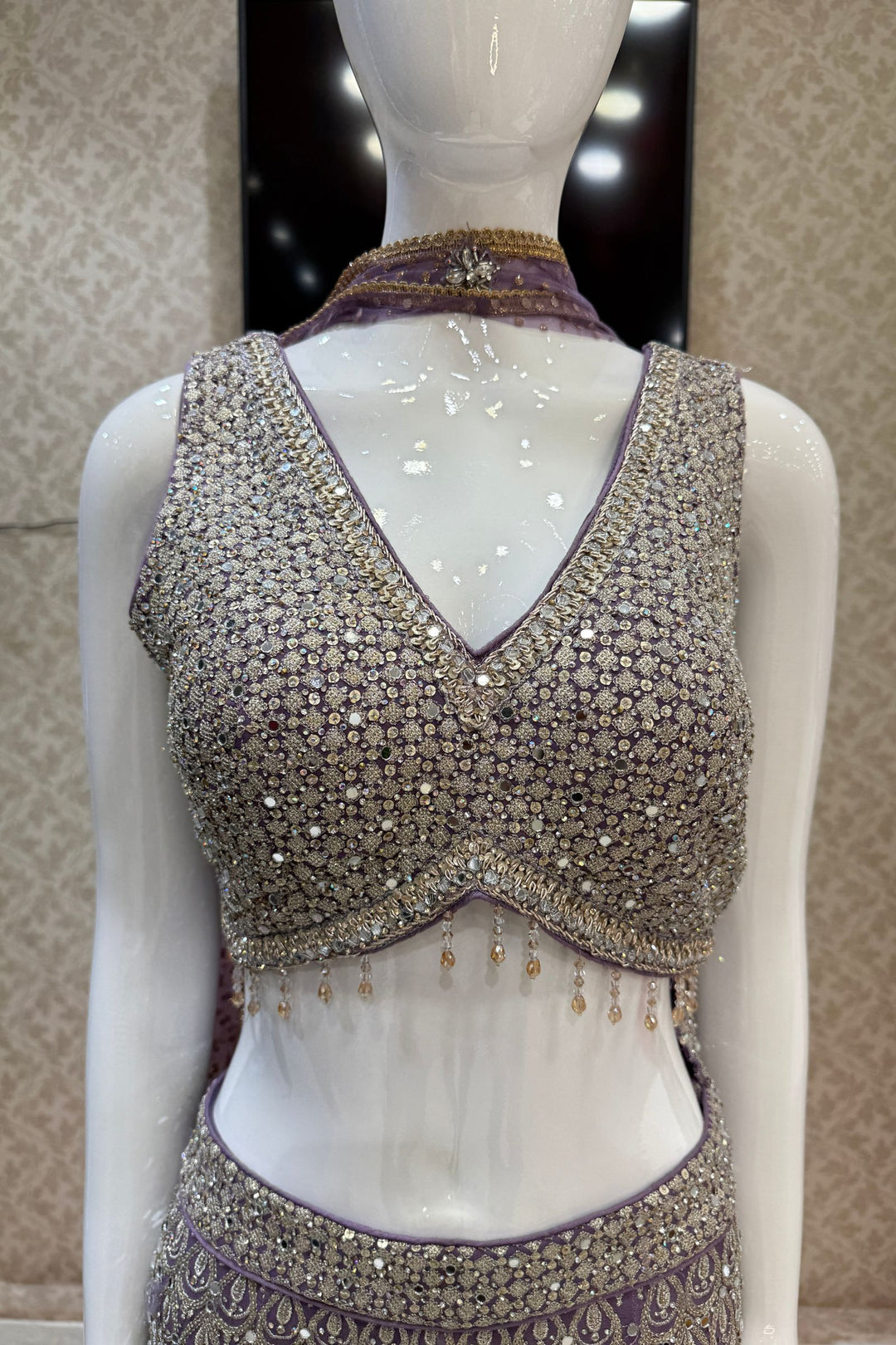 Lilac Zari, Sequins, Zardozi, Beads, Mirror and Stone work Crop Top with Palazzo Pant