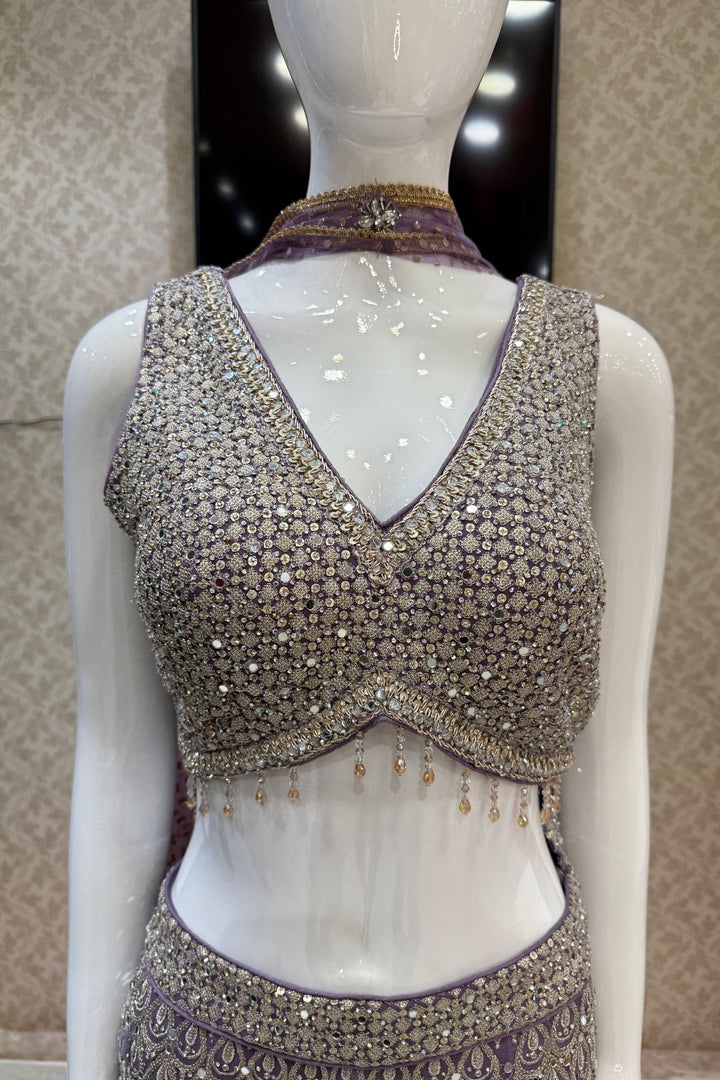 Lilac Zari, Sequins, Zardozi, Beads, Mirror and Stone work Crop Top with Palazzo Pant