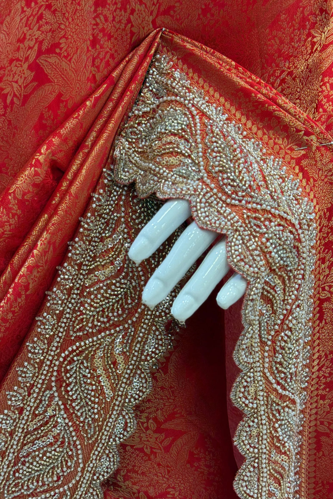 Crimson Red Banaras Silk Saree Featuring Intricate Beads, Sequins and Zari Cutwork Border