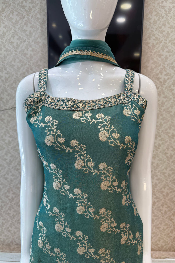 Sea Green Zari, Sequins and Banaras work Palazzo Salwar Suit