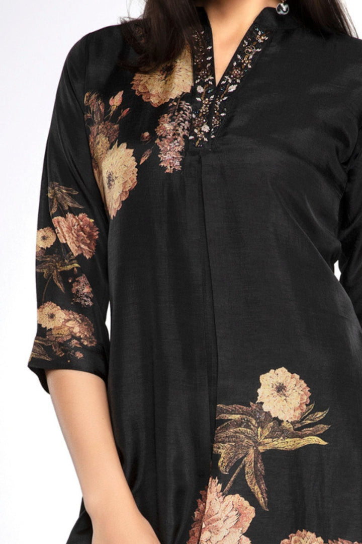 Black Zardozi, Beads and Stone work with Floral Print A-line Cut Calf Length Kurti