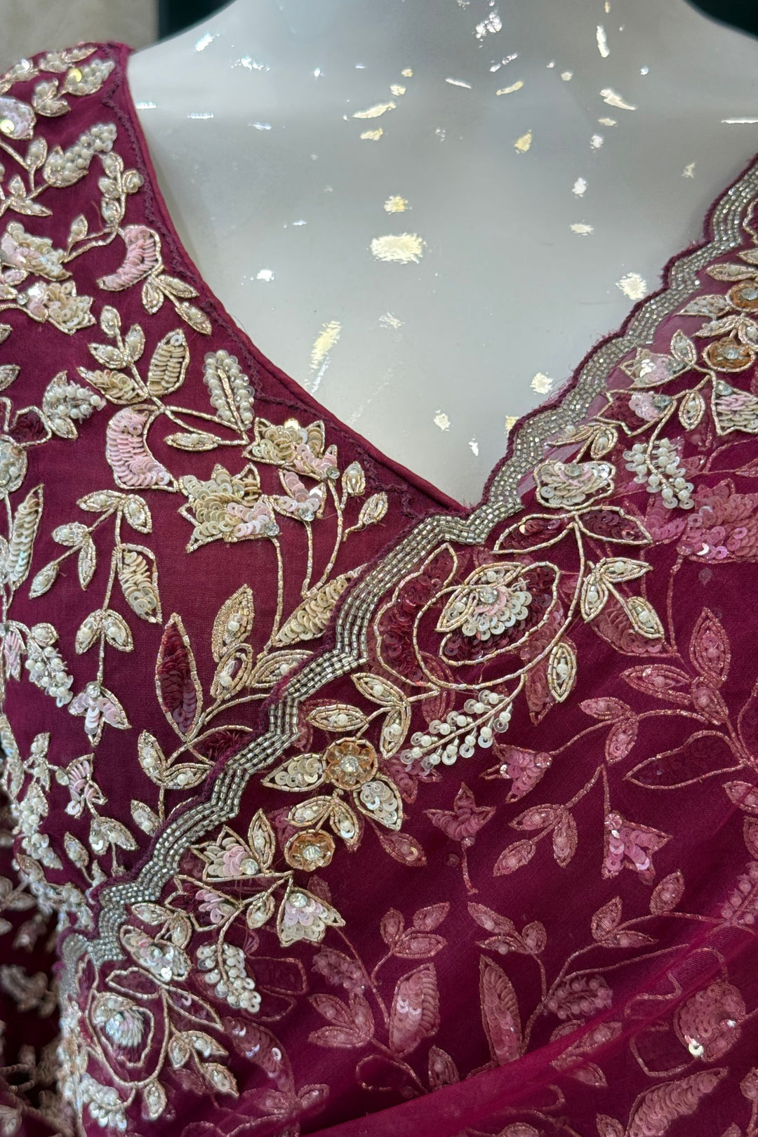 Wine Sequins, Beads, Stone and Pearl work Organza Saree with Designer V-Neck Blouse