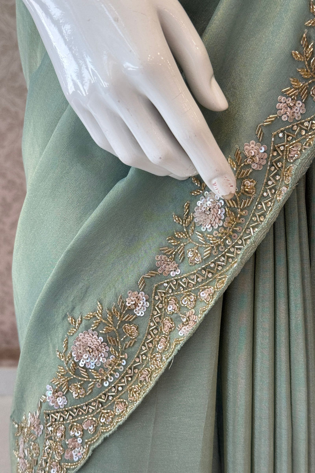 Light Pista Green Party Wear Saree with Sequins, Beads Border and Floral Motif Embroidery