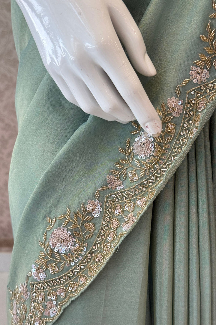 Light Pista Green Party Wear Saree with Sequins, Beads Border and Floral Motif Embroidery