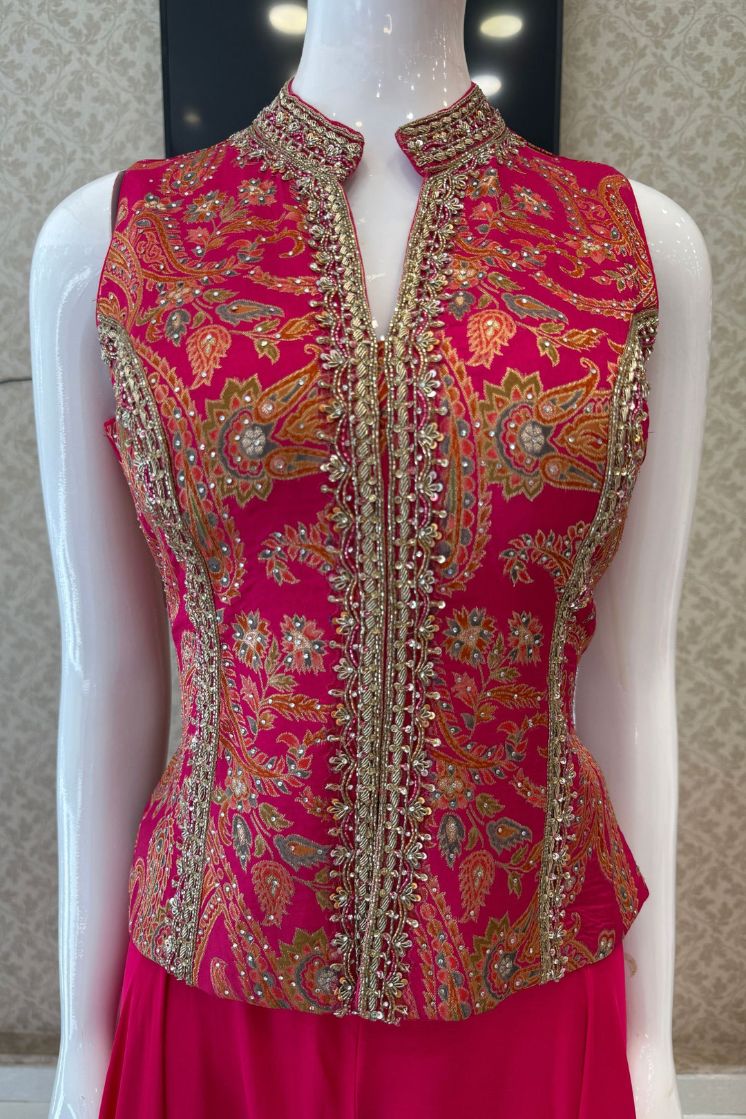 Rani Pink Palazzo Salwar Suit with Brocade, Beads, Stone and Zardozi Detailing