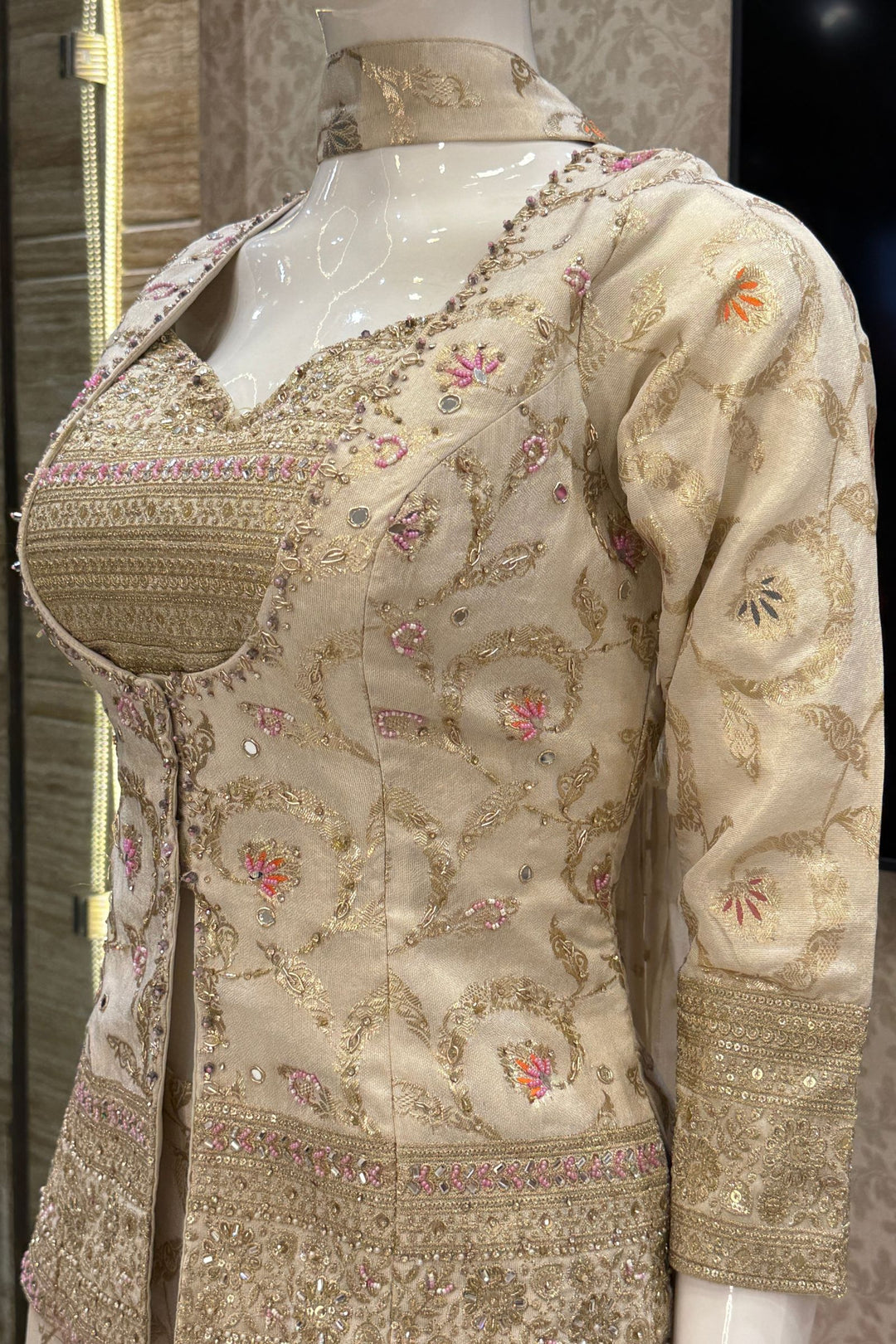 Cream Palazzo Set with Beads, Sequins and Zari work with Choker Dupatta